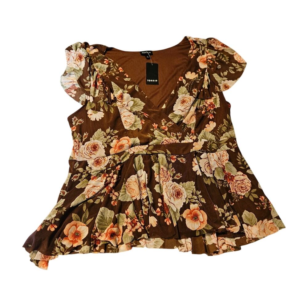Torrid Brown Floral Flutter Sleeve Crossover Blouse 2X 18/20 Flowy Romantic